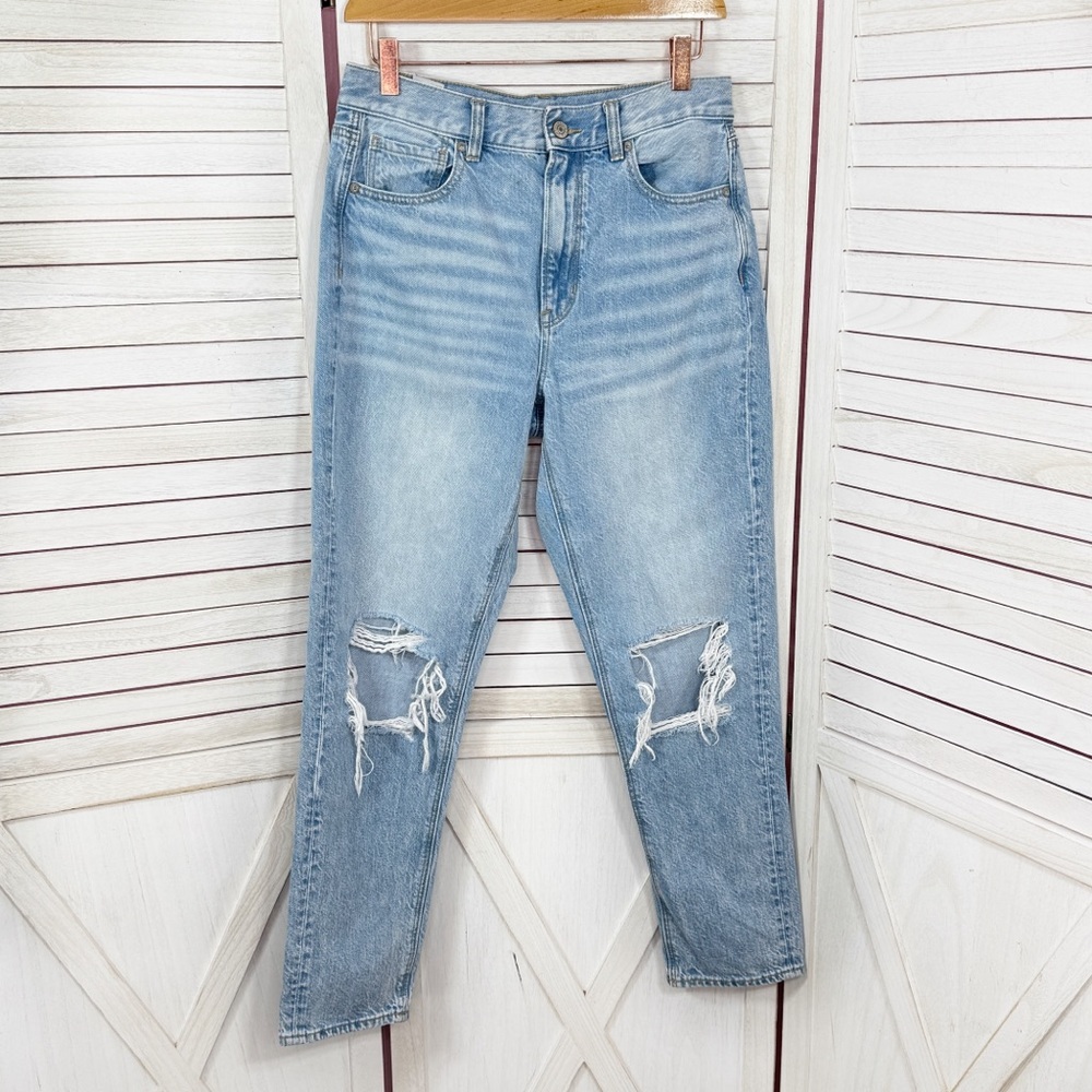 American Eagle Mom Jeans Women 6 Blue High Rise Straight Leg‎ Distressed Knee